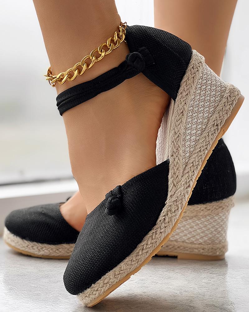 

Braided Espadrille Knot Button Ankle Strap Wedge Sandals, Black