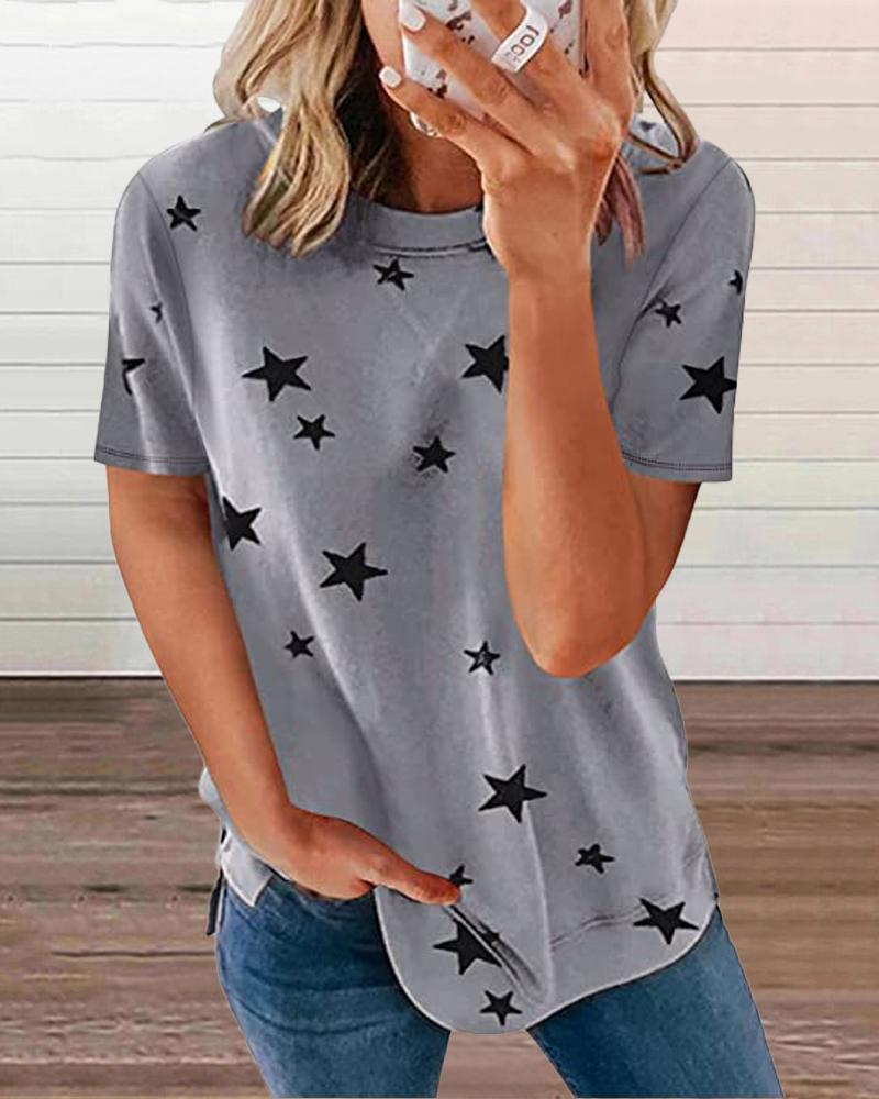 

Star Print Round Neck Short Sleeve T-Shirt, Gray