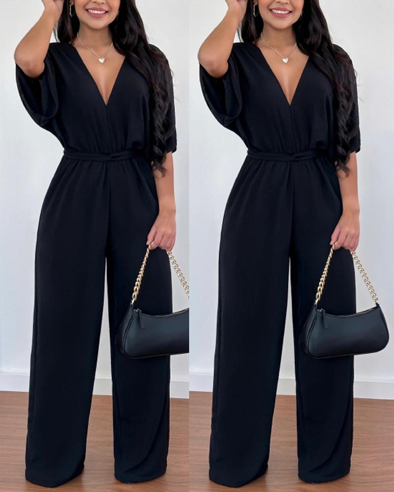 

Batwing Sleeve Backless Tied Detail Jumpsuit, Black