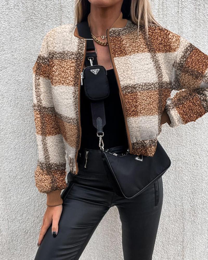 

Plaid Print Long Sleeve Zip Up Teddy Jacket, Brown
