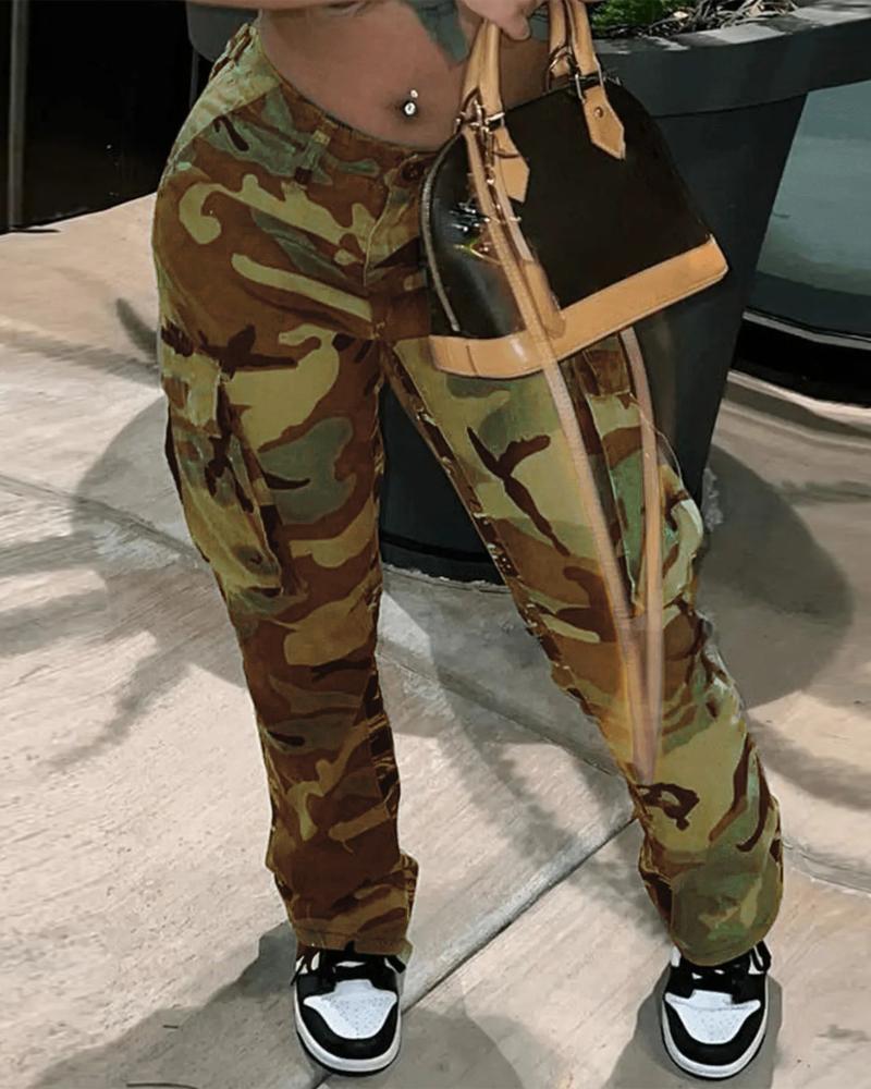 

Plus Size Camouflage Print Pocket Design Cargo Pants, Brown