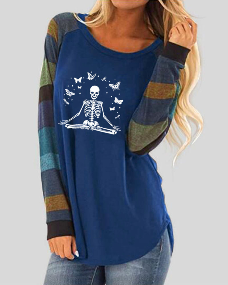 

Halloween Butterfly Skeleton Print Striped Long Sleeve Top, Blue