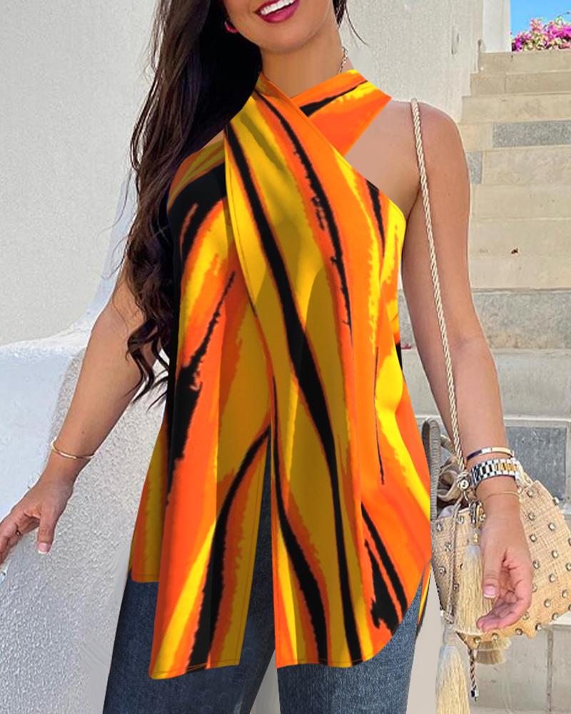 

Striped Cross Halter Casual Tank Top, Yellow