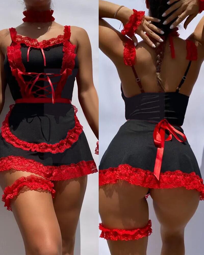 

Contrast Lace Sheer Mesh Maid Costume Set, Black