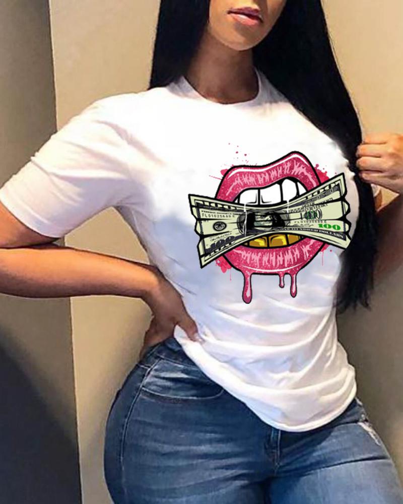 

Lips Print Short Sleeve Loose T-shirts, Style1