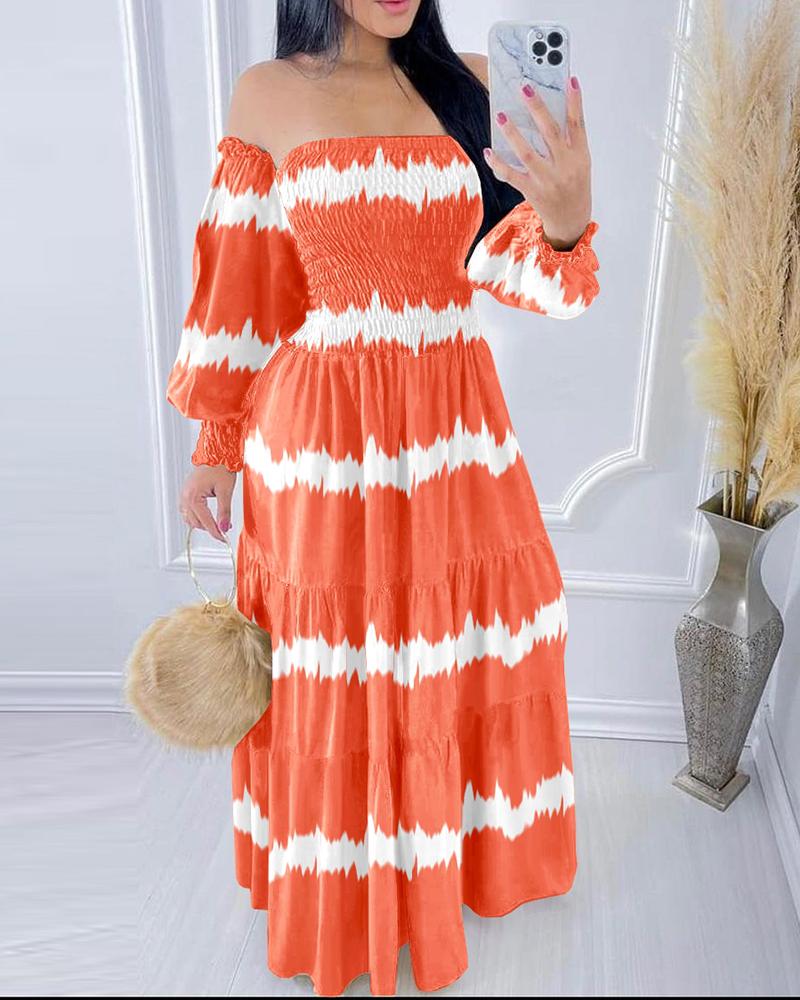 

Colorblock Off Shoulder Lantern Sleeve Shirred Dress, Orange
