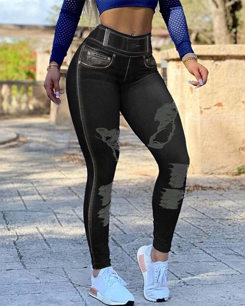 

Women's Leggings Faux Denim Printed High Waist Butt Lift Active Pants, Gray