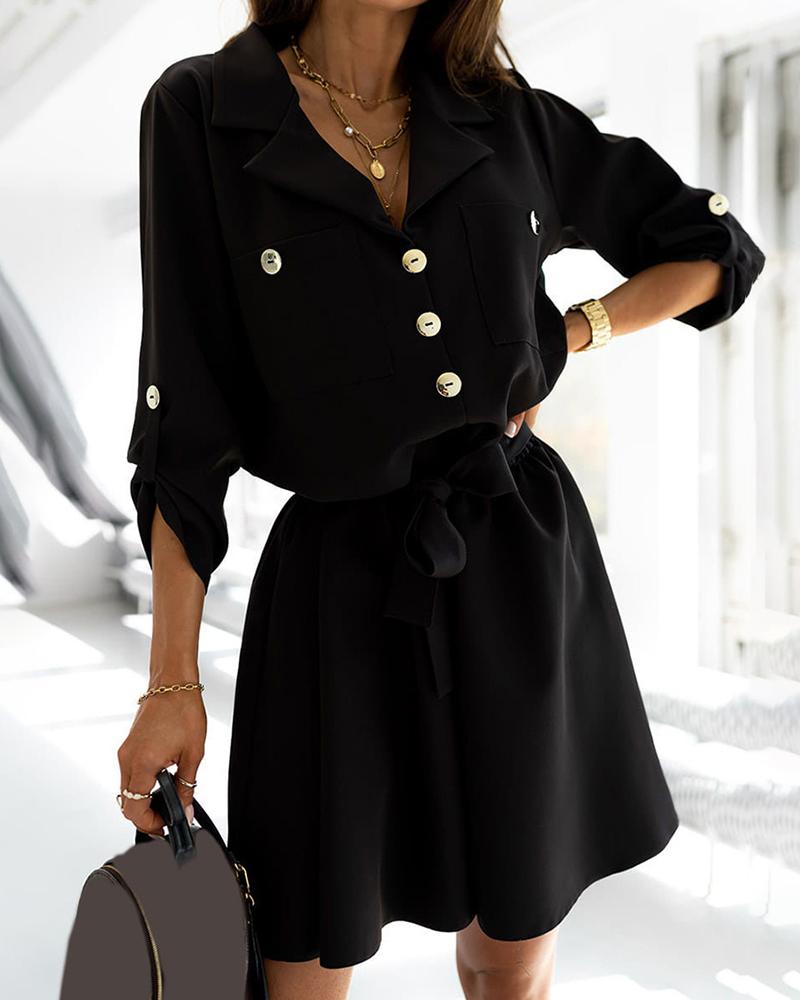 

Roll Up Sleeve Button Design Work Dress, Black