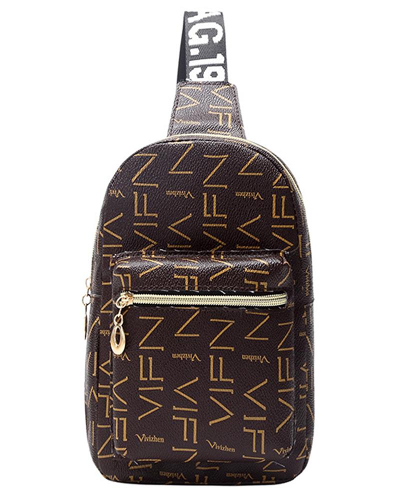 

Letter Pattern Zipper Design Crossbody Shoulder Bag, Coffee