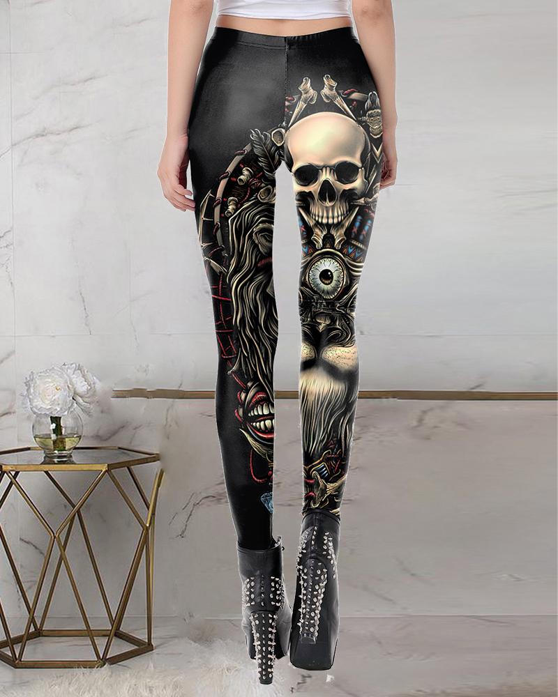 

Halloween Skull Graphic Print High Waist Leggings, Black