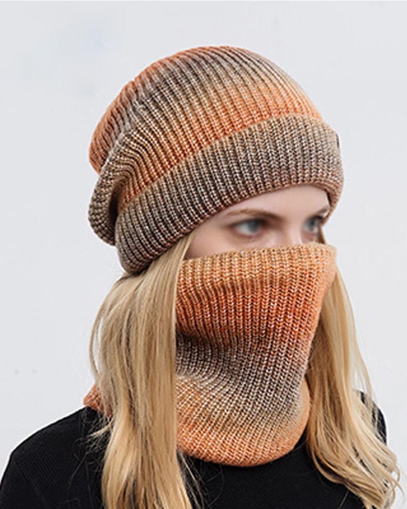 

2PCS Ombre Winter Knitted Warm Fleece Lined Beanie Scarf Set, Orange
