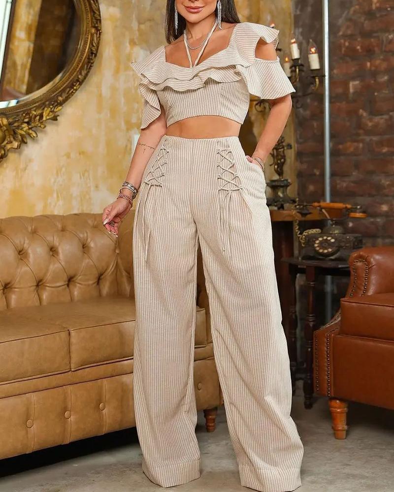 Striped Ruffle Hem Crop Top & Straight Leg Pants Set