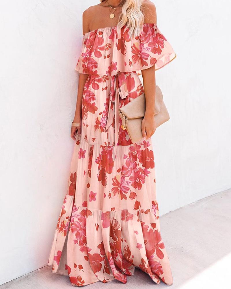 

Floral Layered Sleeve Loose Maxi Dress, Red