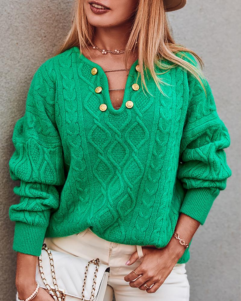 

Cable Knit Buttoned Long Sleeve Sweater, Green