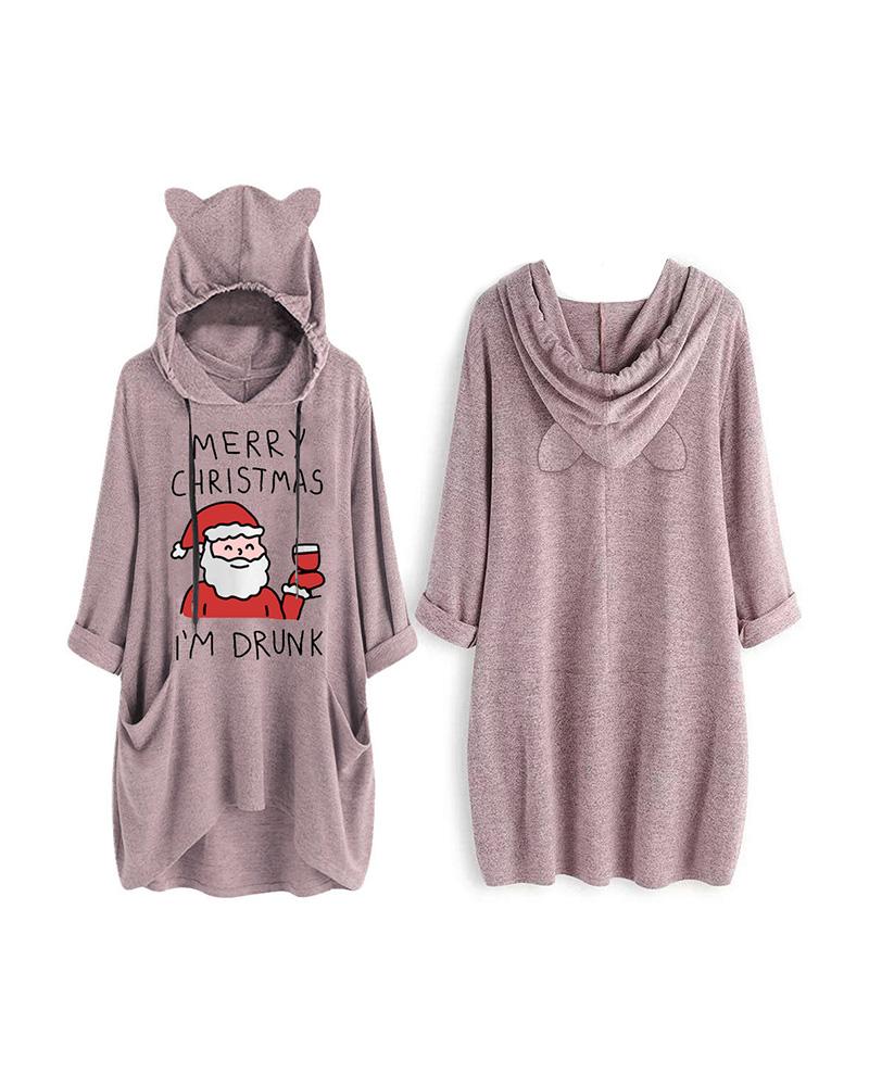 

Christmas Letter Santa Print Hooded Top, Pink