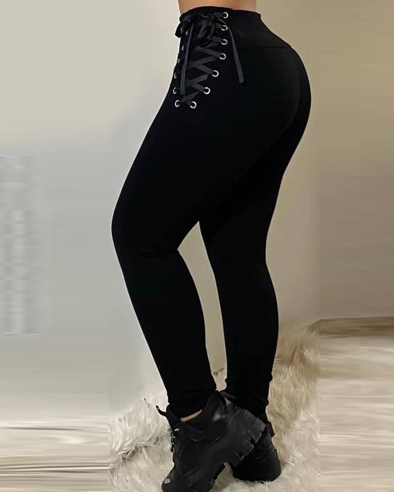 

Eyelet Lace-up High Waist Skinny Pants, Black