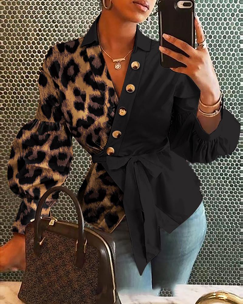 

Leopard Print Lantern Sleeve Belted Wrap Top, Black