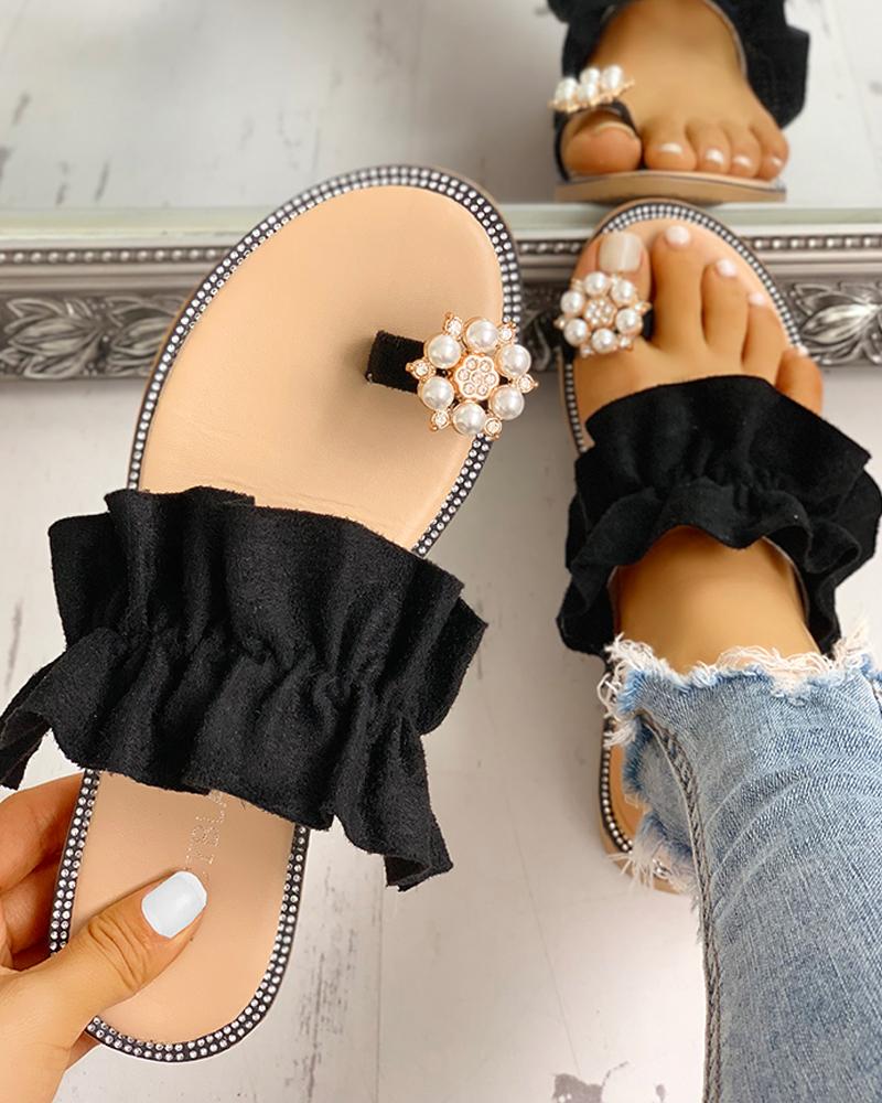 

Toe Ring Beaded Frill Hem Casual Sandals, Black