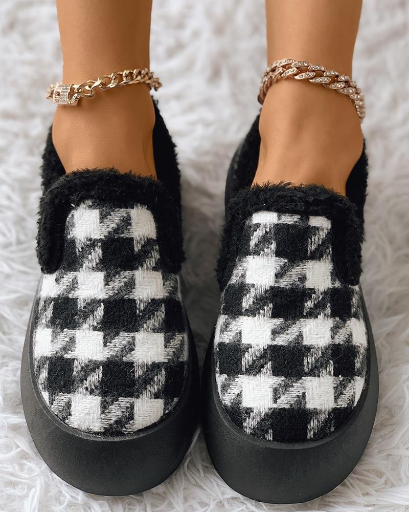 

Houndstooth Pattern Fluffy Slip On Shoes, Black