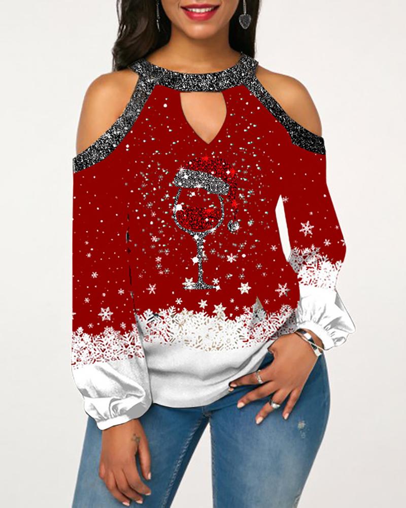 

Christmas Snowflake / Wine Glasses / Tree Print Cold Shoulder Cutout Top, Style2
