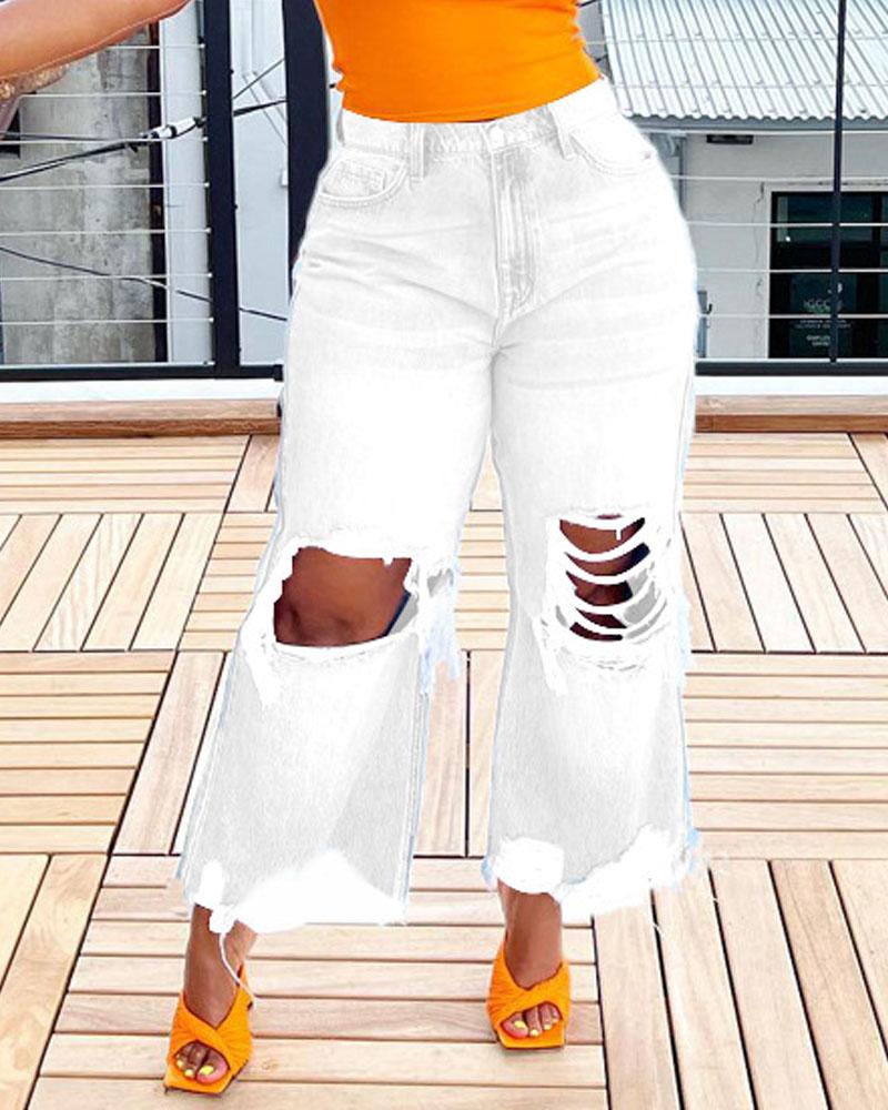 

Cutout Ripped Raw Hem Flared Leg Jeans, White