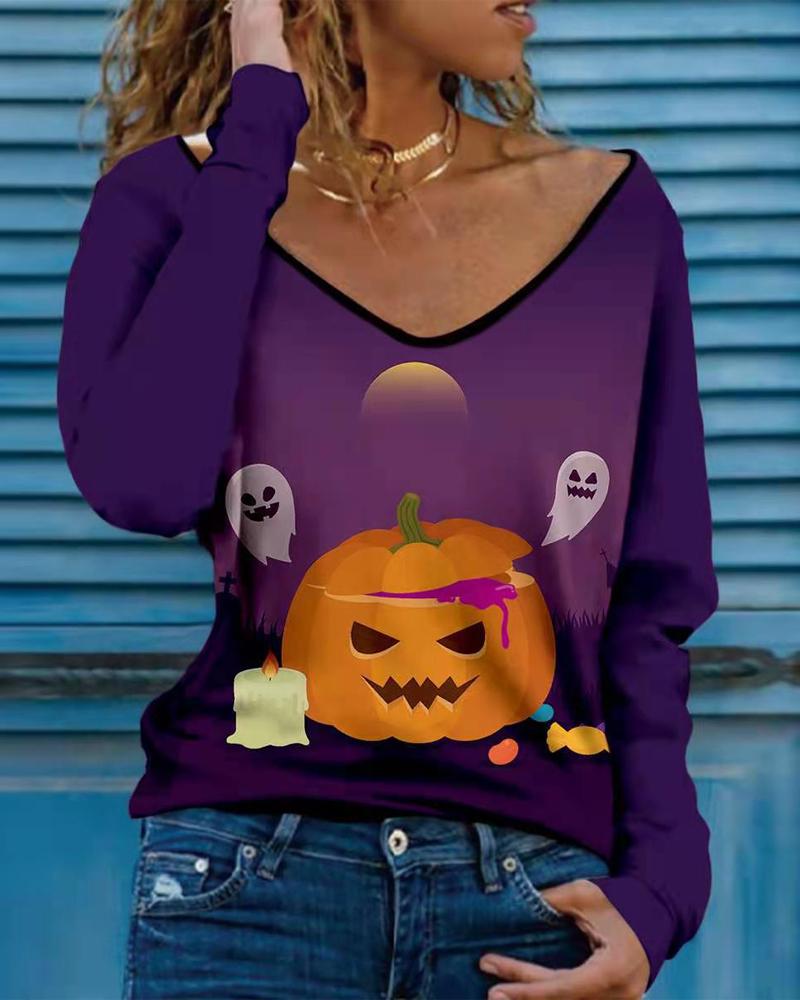 

Halloween Pumpkin Graphic Letter Print Long Sleeve Top, Purple