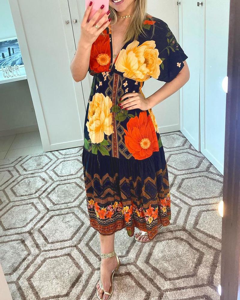 

V-Neck Short Sleeve Floral Print Dress, Dark blue