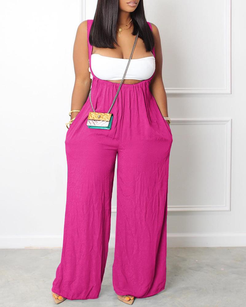 

Pocket Design Wide Leg Suspender Jumpsuit, Rose red