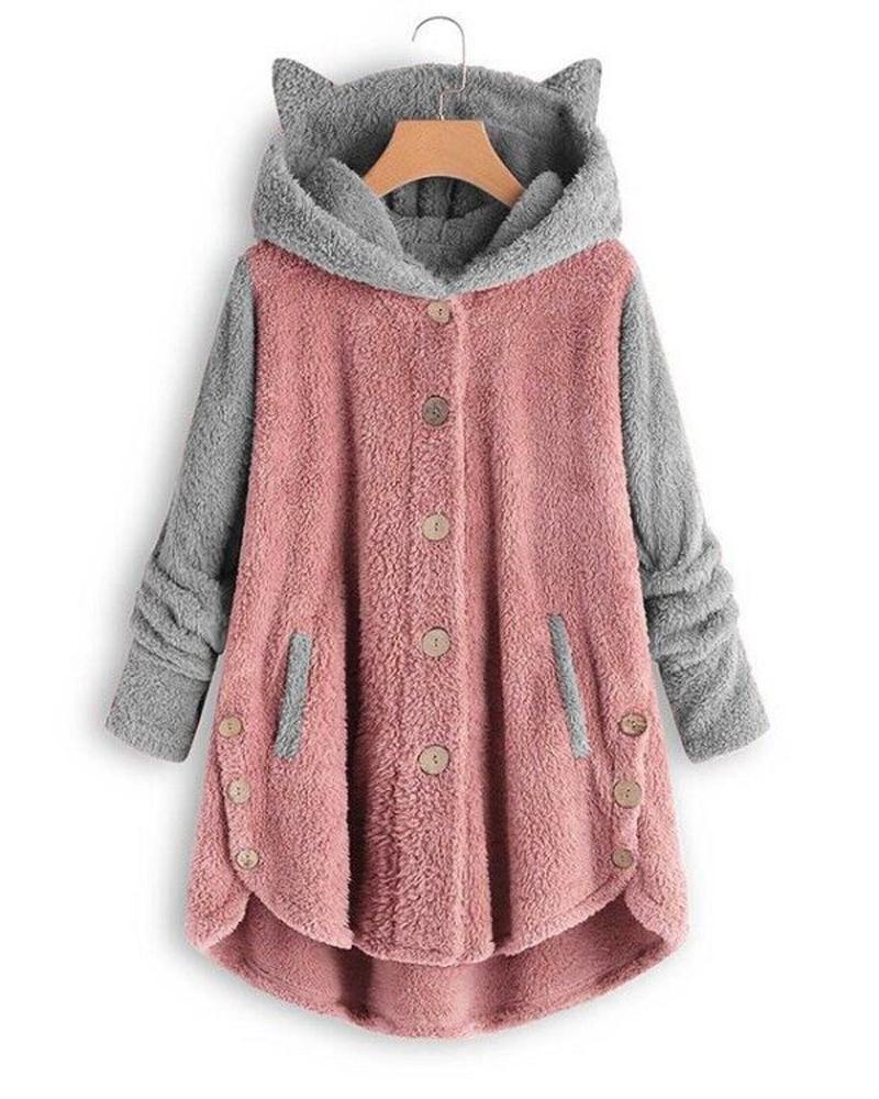 

Contrast Paneled Long Sleeve 3D Cat Hooded Teddy Coat, Pink