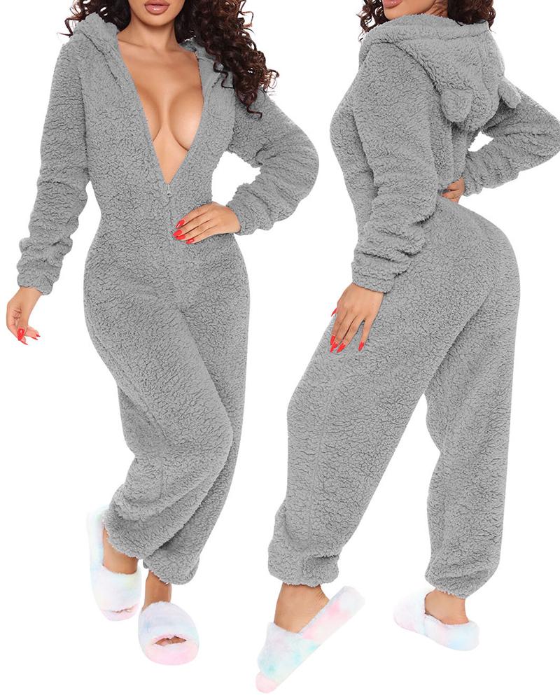 

3D Ear Zipper Front Hooded Fluffy Lounge Jumpsuit, Gray