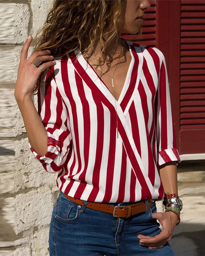 

V Neck Long Sleeve Striped Blouse, Red