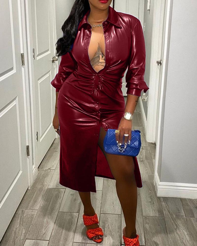 

Buttton Design Long Sleeve PU Leather Trench Coat, Red