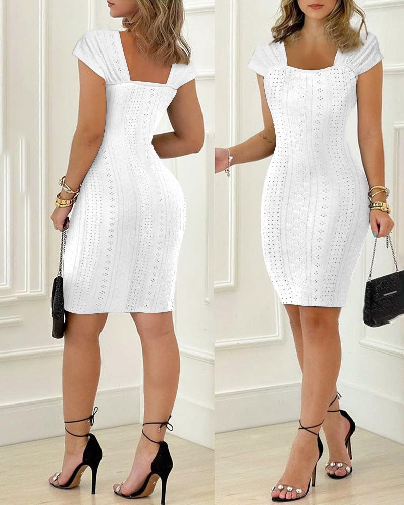 

Ruched Cap Sleeve Eyelet Embroidery Bodycon Dress, White