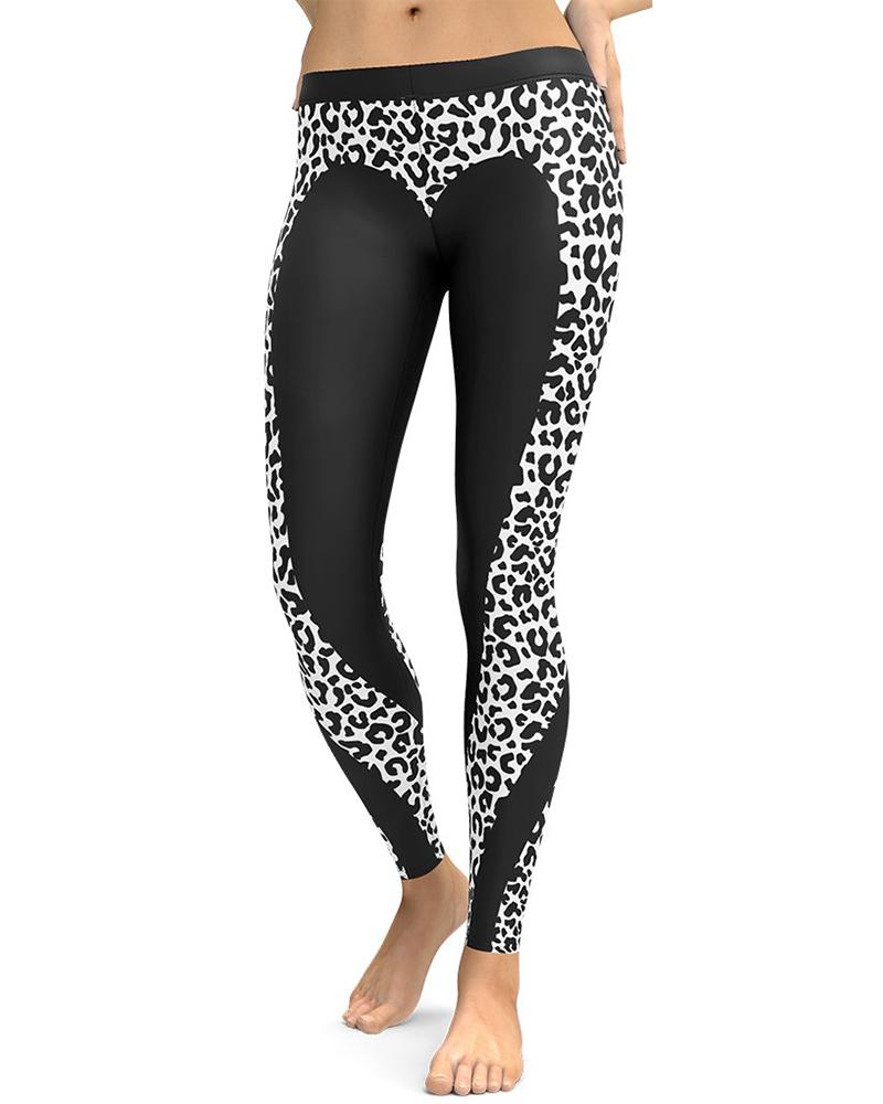 

Splicing Leopard Print Skinny Yoga Pants, Black