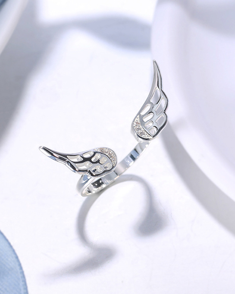 

1pc Zircon Angel Wings Shaped Cuff Ring, Silver