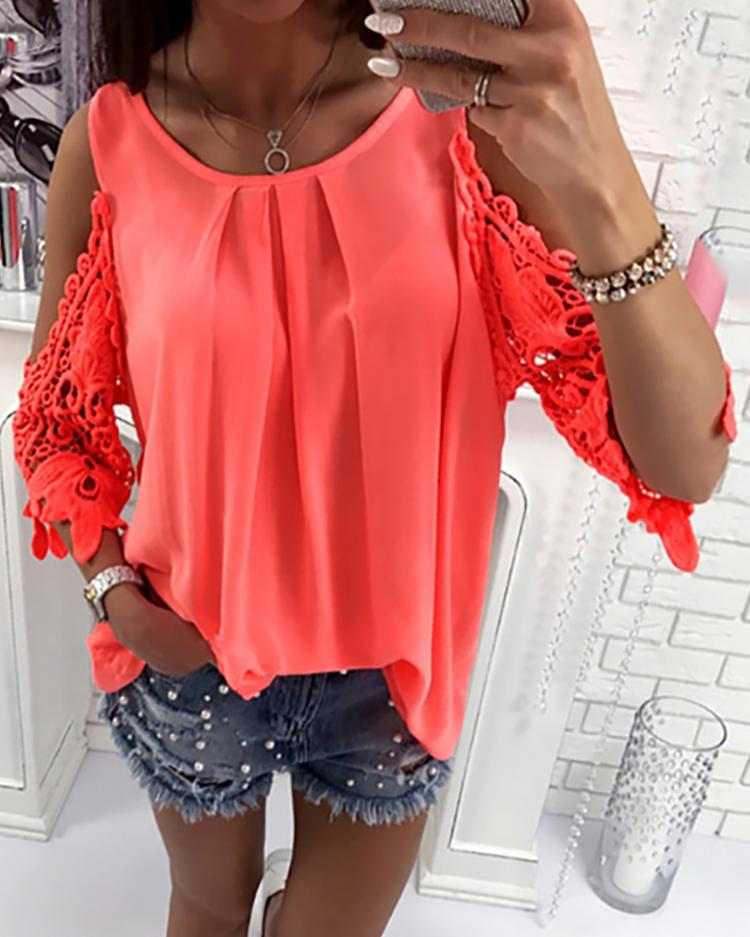 

Lace Crochet Cold Shoulder Pleated Women Blouse, Blue