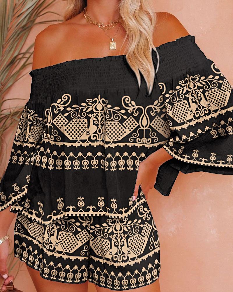 

Retro Tribal Print Off Shoulder Top & Shorts Set, Black