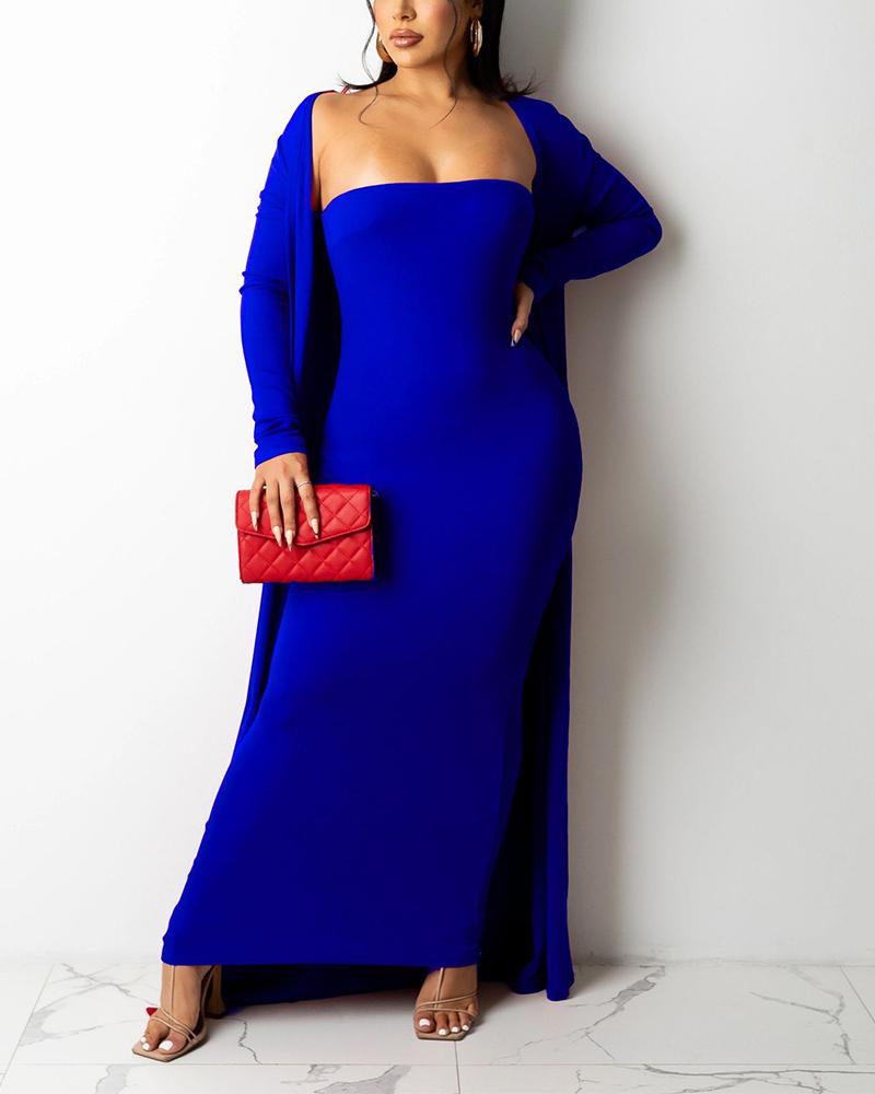 

Solid Bodycon Tube Dress With Longline Coat, Blue