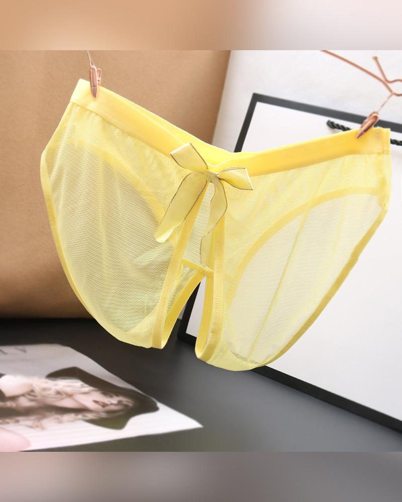

Solid Color Mesh Open File Bowknot Sexy Triangle Underwear Panties, Yellow