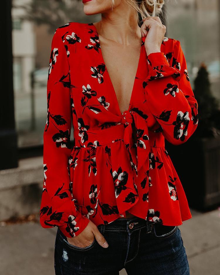 

Floral Print Plunge Tied Waist Blouse, Red