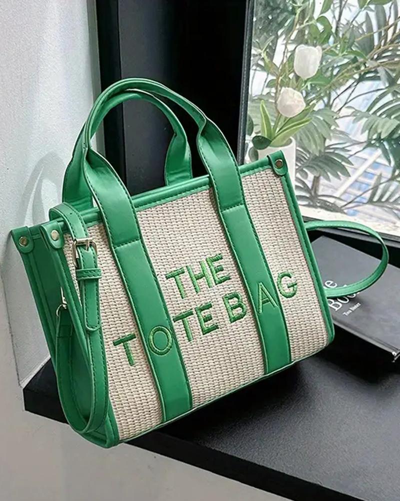 

Letter Embroidery Versatile All-Match Straw Tote Bag, Dark green