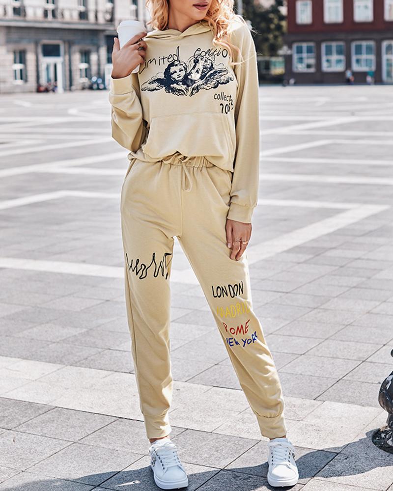 

Letter Graphic Print Hooded Sweatshirt & Pants Set, Khaki