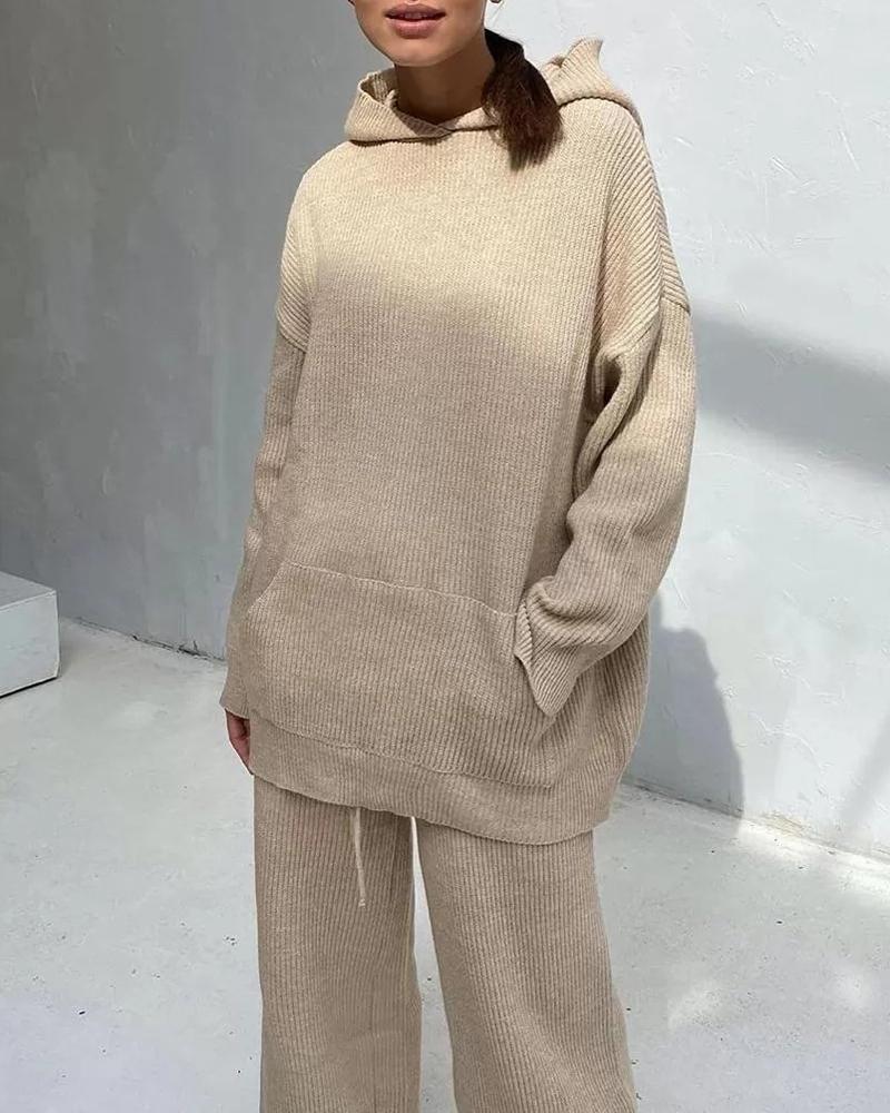 

Long Sleeve Ribbed Hooded Top & Drawstring Pants Set, Khaki