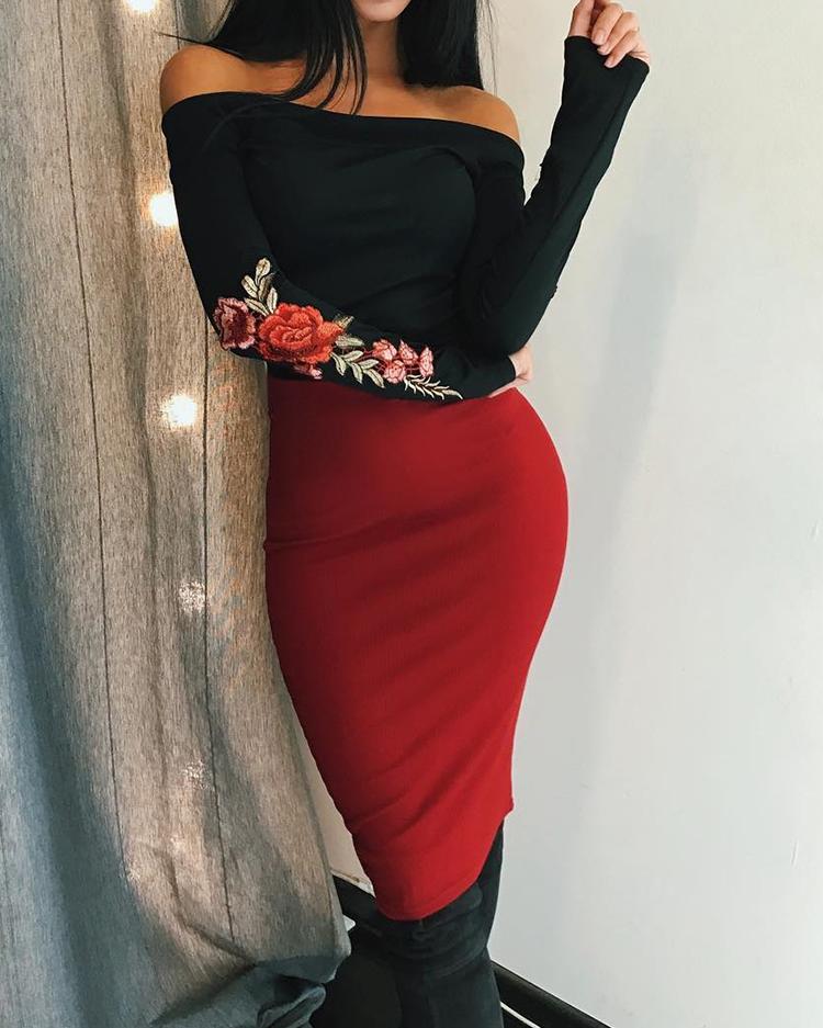 

Off Shoulder Floral Embroidery Colorblock Bodycon Dress, Multicolor