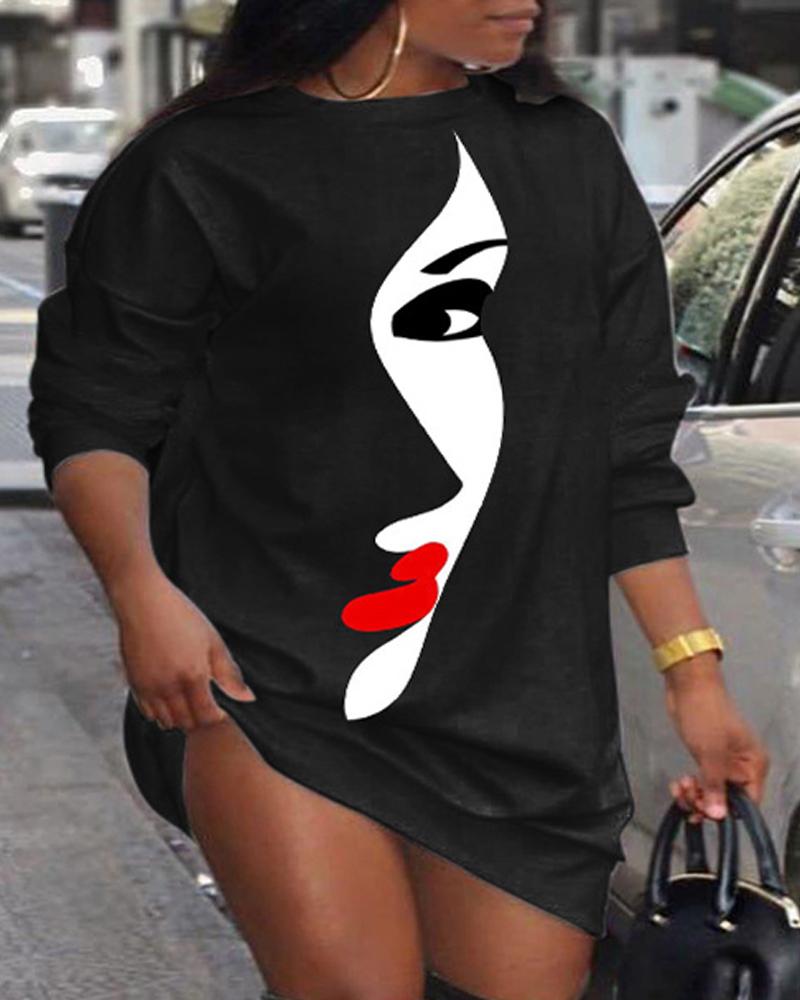 

Plus Size Figure Print Long Sleeve Casual Dress, Black