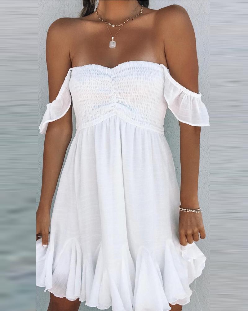 

Off Shoulder Ruffle Hem Shirred Swing Dress, White