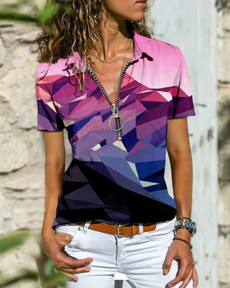 

Geo Print Colorblock Zip Front Casual T-shirt, Purple