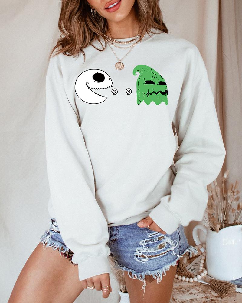 

Halloween O Neck Graphic Print Long Sleeve Sweatshirt, White