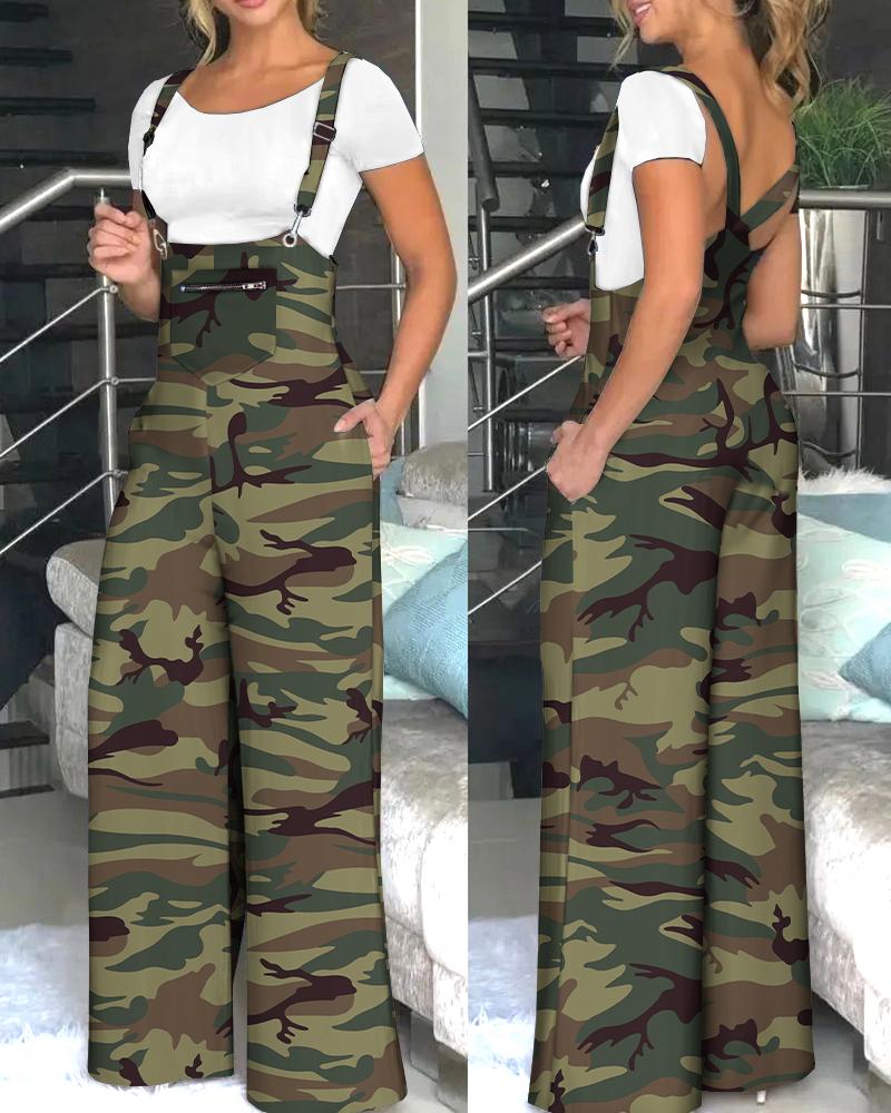 

Camouflage Print Zipper Pocket Design Suspender Jumpsuit, Camoflage