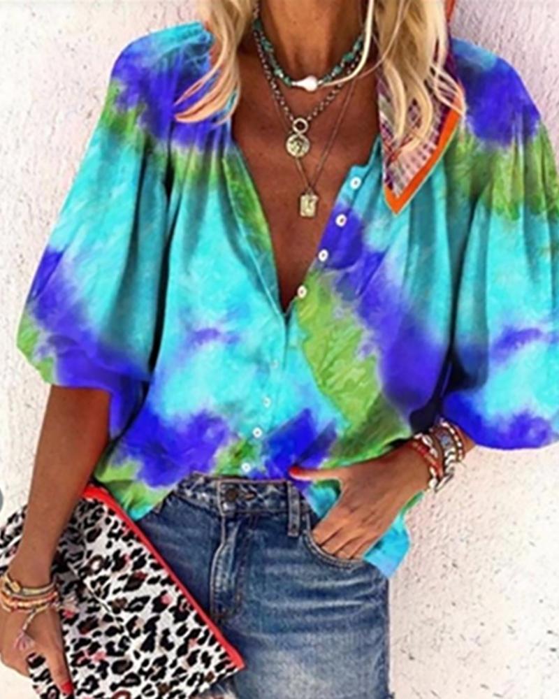 

Colorblock Lantern Sleeve Button Design Shirt, Blue